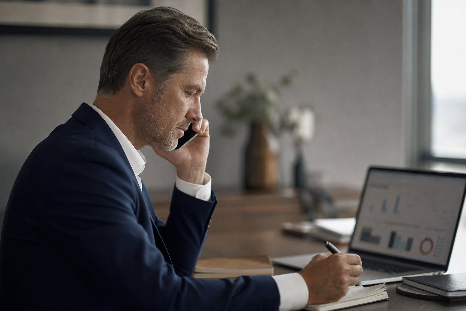 An advisor on the phone with a client while making notes at his desk